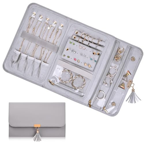 Jewelry Roll Bag, 28x17.6cm, Leather Jewellery Storage Organiser, Foldable Waterproof Large Jewelry Holder with Zipper Rings Earrings Necklaces Pocket, Jewellery Wrap Travel Pouch for Women Girls