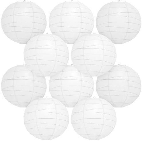 Encham Lampions vit, räfflad papperslykta, 10-pack, 25 cm