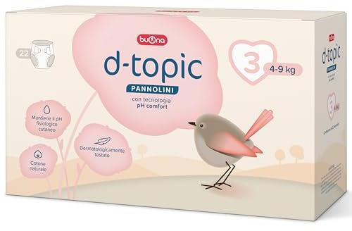 Buona D-Topic Pannolini Taglia 3, 4-9kg - con Tecnologia pH Comfort - Confezione vendita: 22 pz Dermatologicamente testato, Cotone Naturale, Materiali Traspiranti Delicati sulla Pelle dei Bambini