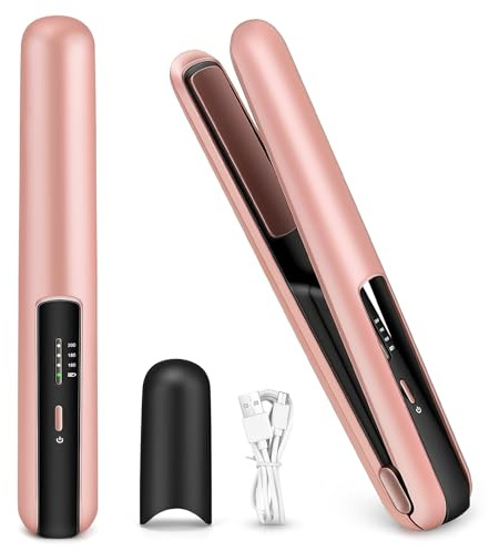 Fer à lisser et à boucler sans fil 2 en 1 - Fer à friser portable sans fil pour lisser et boucler - Chauffage rapide - Fer plat avec rechargeable de type C - 3 modes de chauffage (rose)
