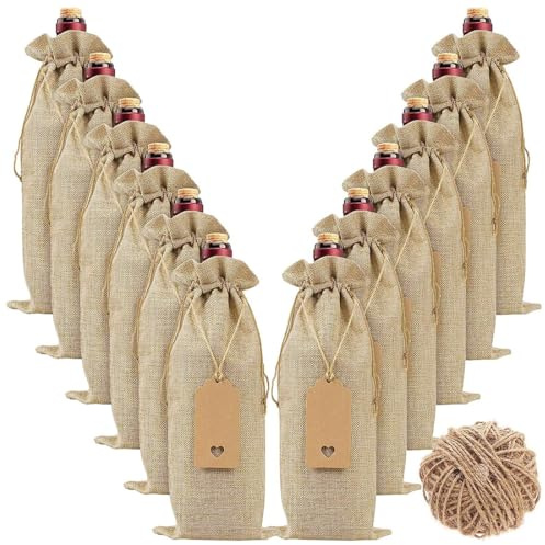 12 bolsas de yute marrón con cordón para botellas de vino tinto y champán, Bolsas para botellas de vino. Bolsa para vino