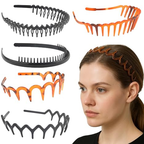 DTXLX 5 Pcs Plastic Sharks Tooth Headband, Hair Bands for Women & Men, Wavy Tooth Hair Comb Bands 5 Styles 2 Tortoise Shell & 3 Glossy - Stylish Headbands for Women's Hair Sports & Fitness Non-Slip