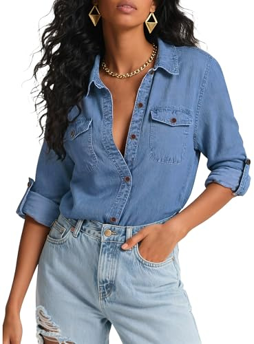 HOCAIES Women's Button Down Long Sleeve Jean Shirt Tops - Elegant Blusas de Mujer for Women Fall Outfits Size 8 to 10 Mid Blue Medium