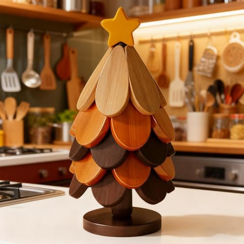 Sottopentola Legno Albero Per Piattis Caldi, Sottopentola Legno Albero Natale, Sottopentolas Legnos Naturale Alberos Natale Con Supporto, Sottopentolas Pieghevole Legnos Portapentole Calde