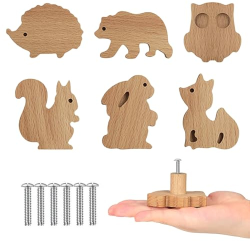 MHwan Poignée Meuble, 6 Pièces Boutons en Bois Massif, Motif Animaux Mignons, Texture Naturelle, Décoration pour Chambre d'Enfant, Boutons pour Commode