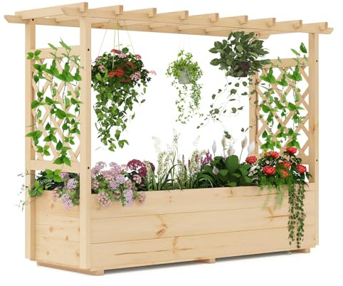 COSTWAY Hochbeet mit Rankgitter & hängendem Dach, Pflanzkasten mit Rankhilfe & Abflusslöchern, Blumenkasten für Kletterpflanzen, für Garten Hof Terrasse, Pflanzgefäß Holz, Natur, 148 x 50 x 103 cm