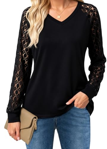 BSBUY T-Shirt à Manches Longues Femme, Chemisier Femme Extensible Hauts col V Chic et Élégante, Blouse Longues Manches Découpées Respiratoire, Pullover Bubble Sleeve Casual Tops