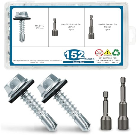 152 stycken trapetsskruvar 4,8 x 19 mm med tätningsskiva – rörskruvar för takplåtar inkl. 2 bitar
