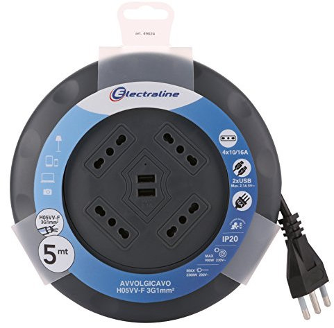 Electraline 49024 Prolunga con Avvolgicavo UFO design super slim 5M, 4 prese bivalenti (10/16A), spina 16A, con 2 prese USB (A+C)