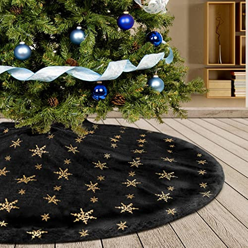 Deggodech 122cm Weihnachtsbaum Röcke Schwarz Plüsch Weihnachtsbaum Rock Matte mit Gold Schneeflocke Weihnachtsbaumdecke Fell Christbaumständer Dekorationen Teppich (Schwarz, 122cm/48zoll)