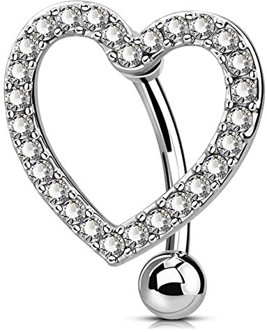 OUFER 14G Reverse Bauchnabelpiercing Chirurgenstahl Herz 14 mm Stablänge Lang Piercing Bauchnabel Bananabells CZ Nabelpiercing Silber Belly Button Piercing Bar Navel Ring