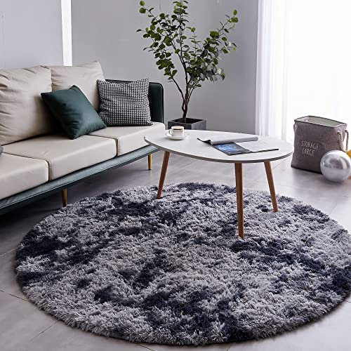 VOFUSHON Teppich Rund 150 cm Dunkelgrau Waschbar Rutschfester Hochflor Runder Teppich Wohnzimmer Weich Flauschig Rug