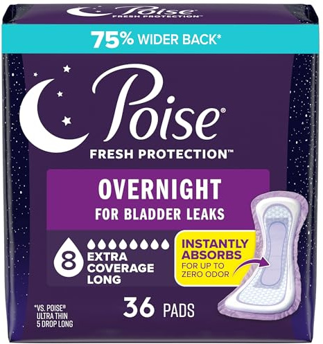 Poise Overnight Incontinence & Postpartum Pads for Bladder Leaks, 8 Drop Extra Coverage, 36 Count