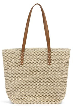 EVEOUT Sac en paille pour Femmes Été Sac à bandoulière de plage en tissu Grand sac à main en paille Sacs portés épaule en paille Beige 02