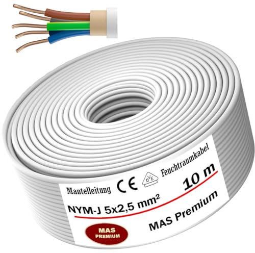 MAS Premium Câble d'alimentation NYM-J pour pièces humides - De 5 à 100 m - Câble gainé NYM-J 5 x 2,5 mm² - Avec anneau pour pose fixe (10 m)