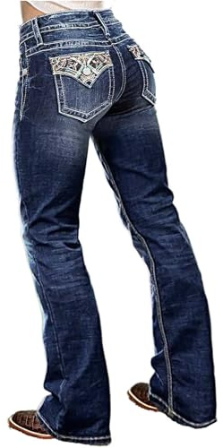 Flamingals Butt Lifting Bootcut Jeans Stretchy Casual Fall Winter Trendy Flare Leg Jeans for Women Dark Indigo Blue L