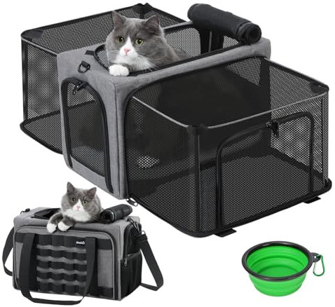 pecute Katzentransportbox Erweiterbar Katzenbox für 2 KatzenTransportbox Katze Groß, Hund Welpen, Faltbar Hundetransportbox Zusammenklappbare Transporttasche Katze Transport, Hellgrau