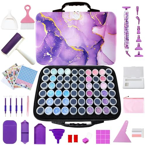 Fokenzary Art Diamond - Scatola portaoggetti per pittura a diamante, 60 scomparti, set di pittura con diamanti, accessori portatili e strumenti, colore: viola