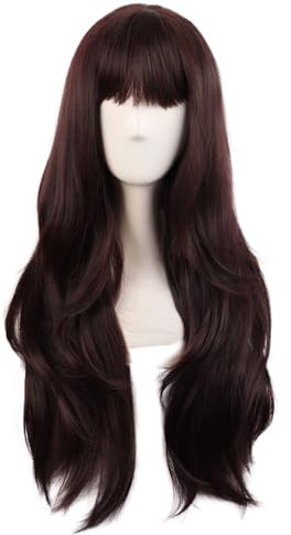 MapofBeauty 28 Inch/70 cm Long Curtain Bangs Synthetic Fiber Wavy Curly Heat Resistant Cosplay Party Wig (Dark Brown)