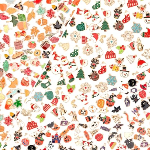 SANNIX 350Pcs Holiday Charm, Mixed Fall Thanksgiving Halloween Christmas Charms Jewelry Bangle Pendants for Bracelet Necklaces Earrings Making Supplies