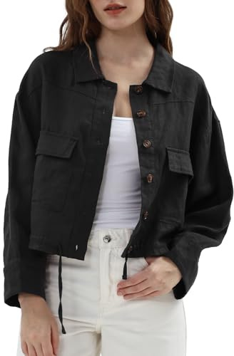 Amazhiyu Womens 100% Linen Crop Cargo Jacket Button Down Long Sleeve Coat Casual Black, Medium