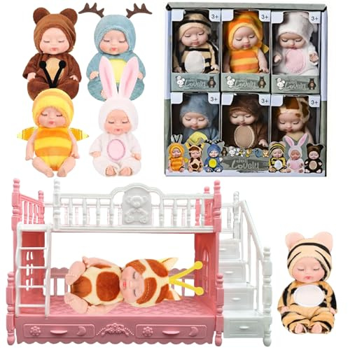 Xadothat 6 Pcs Mini Baby Dolls Set 4 Inch Small Baby Dolls with Animal Clothes and Bunk Bed Toys (Dolls A)