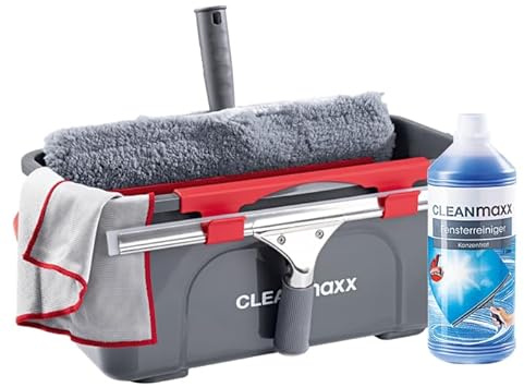 CLEANmaxx Professional Window Cleaner Set, 13 Pieces, Professional Window Cleaner Set with Squeegee for Home, Car etc. Includes Window Wiper, Window Squeegee, Bucket, Concentrate, Microfibre Cloth etc