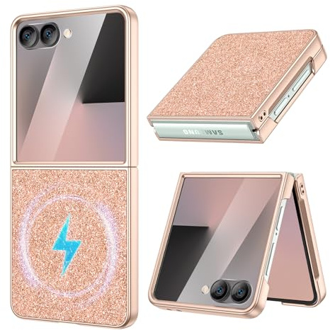 HWeggo for Samsung Galaxy Z Flip 7 Case, Compatible with Magnetic Charging, Glitter Bling Phone Cover with Outer Screen Protector, Bling Leather Back Protective Ultra Thin Hard PC Case(Rose Gold)