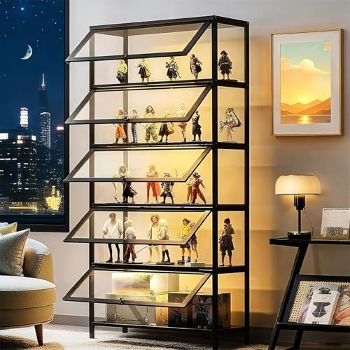 Display Cabinet with Acrylic Glass Door, 5 Tier Curio Display Case, Collectibles Toy Organizers Rack & Display Shelf, Kids Bookcase for Bedroom, Reading Nook, Toddler's Room (Black folding door)