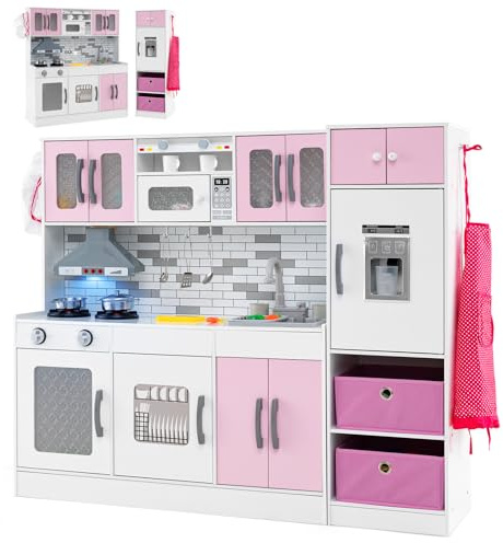 GOPLUS Cocinita Infantil con Luces y Sonidos, Cocina de Juguete de Madera de 2 Piezas con Circulación de Agua, Campana Extractora, Accesorios, Juego Interactivo para Niños de 3+ Años (Rosa)