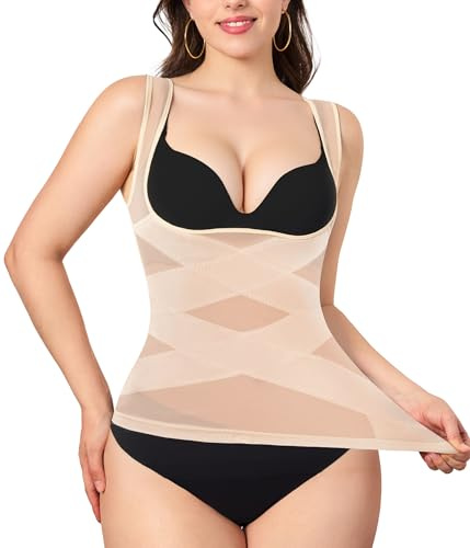 Nebility Shapewear Tank Tops For Women Open Bust Slimming Tummy Control Shaping Camisole Tops Waist Trainer Compression Cami Vest with Wide Straps (Beige, L)