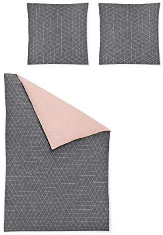 Irisette Biber Bettwäsche-Set 135x200 2tlg grau rosa 2 teilige Wende-Bettwäsche Kissen 80x80 cm Geometrisches Muster