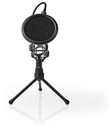 Nedis Microphone Table Tripod Stand, Foldable with Adjustable 180° Holder & Pop Filter, Supports Mics Under 44 mm, 360° Flexible Neck, Reduces Side Noise for Speech & Singing