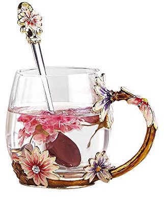 Flower Tea Cup, Handmade Glass Enamel Coffee Mugs with Spoon Enamel Glass Mug for Women Birthday Valentines Wedding