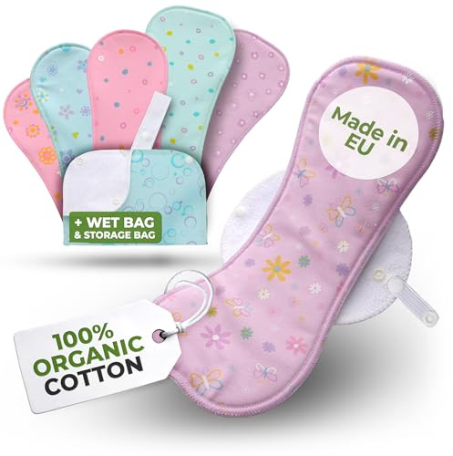 Öko Stoffbinden waschbar aus Bio Baumwolle für starke Blutung, Inkontinenz (Größe L+XL, 6er-Pack); dünne wiederverwendbare Binden Damen MADE IN EU; waschbar bei hoher T°; für bequeme Periodentage