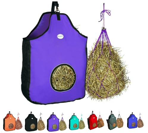 Majestic Ally 1200 D Hay Feeder Tote Bag for Horses, Sheep with Reflective Trim- Reduces Waste - Comes with 36” Hay Net (Purple)