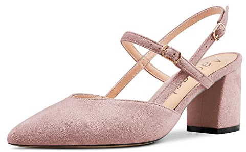 Aachcol Mujer Chunky Ancho Medio Bajos Heel Pumps Correa Tobillo Slingback Puntiaguada Punta Dress Zapatos Oficina Fiesta de Boda Ante 6.5 CM