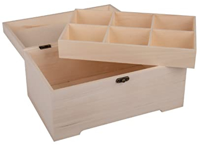 Rayher Caja de madera con cierre, bandeja de compartimentos, 28x18x13,5 cm, personalizable, 64506505