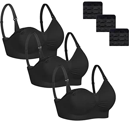 Dreamburn amnings-BH för moderskap 1/2/3-pack trådlös sömlös amningsbehåar 4 rader justera krok med avtagbara spillförebyggande dynor lägg till förlängare bekväm, 3 x solid svart, L