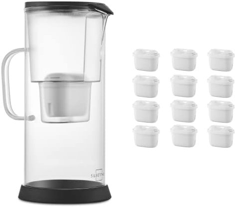 SILBERTHAL Wasser Filterkannen Set inkl. 12er Pack Filterkartuschen - Glas - Reduziert Kalk und Chlor - 2,7 Liter