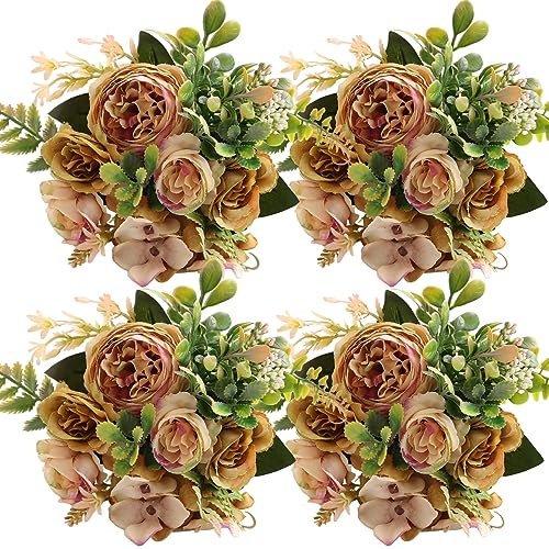 linhaida Künstliche Blumen, 4Pcs Unechte Blumen Deko Pfingstrose Seide Hortensie Herbstblumenstrauß, Realistische Blumenarrangements Tischdekoration Hochzeitssträuße für Party Heimdekoration
