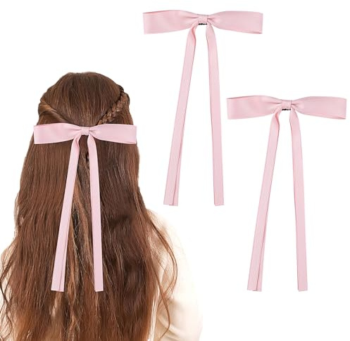 Bewudy 2 Pcs Bowknot Hair Ribbon Clips, Hair Bows for Women Ponytail Holder, Tassel Ribbon Bowknot With Long Tail, Hair Accessories for Women Girls(Pink)