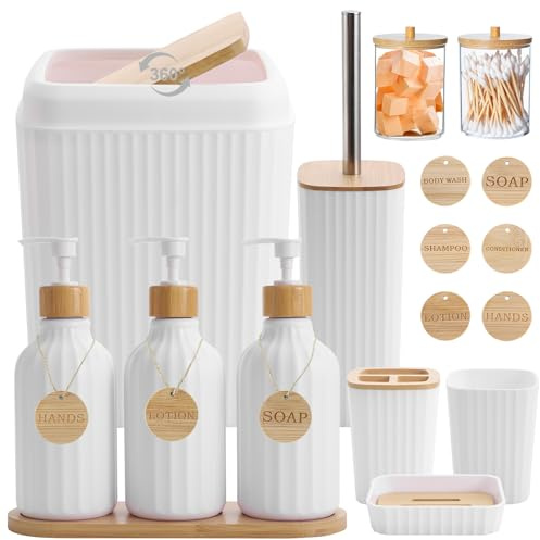 Badezimmer-Zubehör-Set, weißes Badezimmer-Set mit Mülleimer, 3-teiliger Lotion-Seifenspender, Zahnbürstenhalter, Seifenschale, Becher, 6 Holzanhänger, weißes Badzubehör mit Tablett für