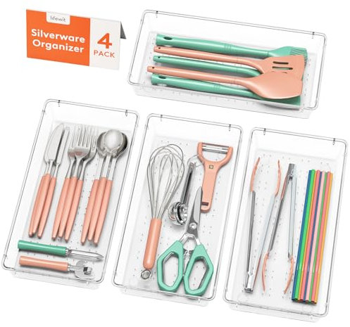 Lifewit Cutlery Drawer Organiser, 4-pack Clear Utensil Tray for Kitchen Drawer, Stackable Plastic Flatware and Silverware Storage Insert Box Divider for Spoons Forks Knives Tools, 14.6 x 29.6 CM