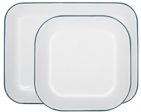 Argon Tableware 2 Piece Baking Tray Set - Green Rim - Lightweight Metal Rectangular Enamel Oven Tray Kitchen Bakeware Flat Cooking Pan for Roasting, Baking