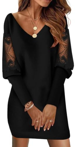 Minetom Robe Pull Femme Col V Dentelle Ample Long Pullover Tricot Robe De Noël À Manche Longue Robe De Soirée E3 Noir M