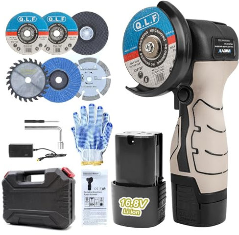 ZFULVO Cordless Brush Angle Grinder Kit, 19500rpm Mini Electric Angle Grinding Tool with 1pcs 16.8V 2000mAh Batteries and 5-Cutting Discs, Grinder Handheld Cutter for Metal Wood