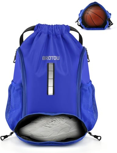 BROTOU Waterproof Drawstring Sports Backpack, Unisex PE Backpack Gym Bag with Large Shoe Bag, for Football, Basketball, Volleyball (Blue)