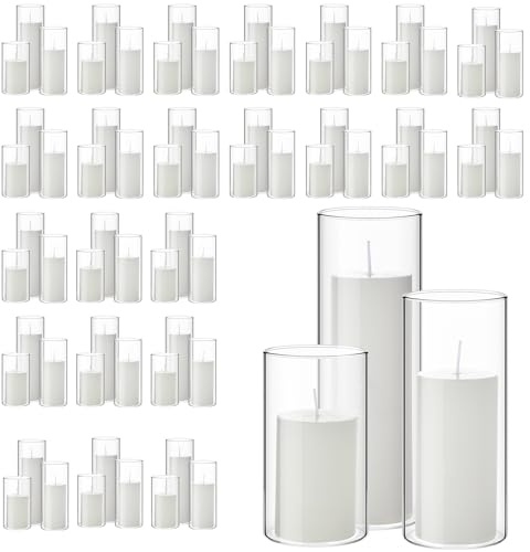 Shihanee 144 Pcs Pillar Candles with Glass Cylinder Vases Clear Cylinder Holders for Slim Tall Pillar Candles Table Decorations (White)