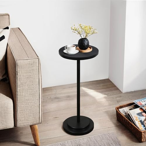 COVLON Drink Table, Carved Table Top Martini Table, Small Side Table, Weighted Base Pedestal Table for Living Room, Bedroom, Small Space, Modern, Black